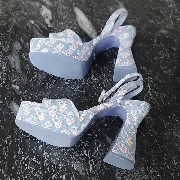 BRAND NEW ALDO BARBIE PARTY PRINTED  DENIM STRAPPY PLATFORM HEELED PLATF… G1 - Picture 11 of 16